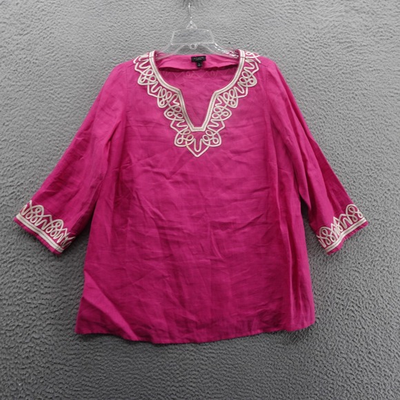 Talbots Embroidered Pure Linen Tunic Top Size 1X Petite Pink Womens Boho‎ Beach - Picture 1 of 11